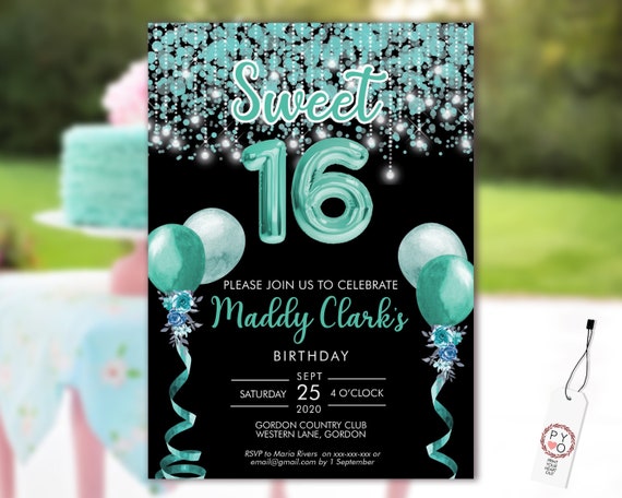 Sweet 16 Aqua Party Invitation Printable Template, Black Editable Invitation, Blue 16th Birthday,  Balloon Invite, 16 Teal Editable Invite
