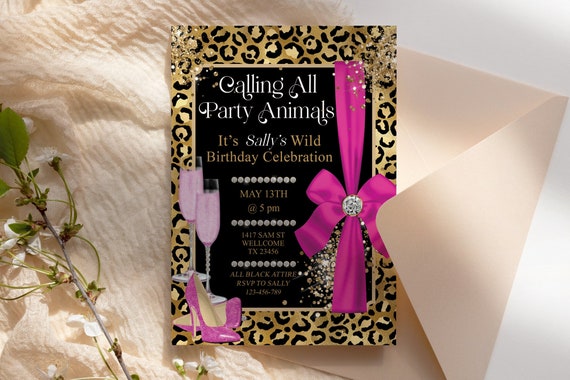 Hot Pink Gold Glitter Leopard Birthday Bows Heels Invitation Printable Template, Magenta Party Animal Editable Party Invite, Printable Card