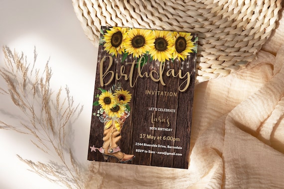 Country Birthday Sunflower Cowgirl Boot Invitation Printable Template, Yellow Gold Floral Editable Rustic Barn Party Women, Printable Party