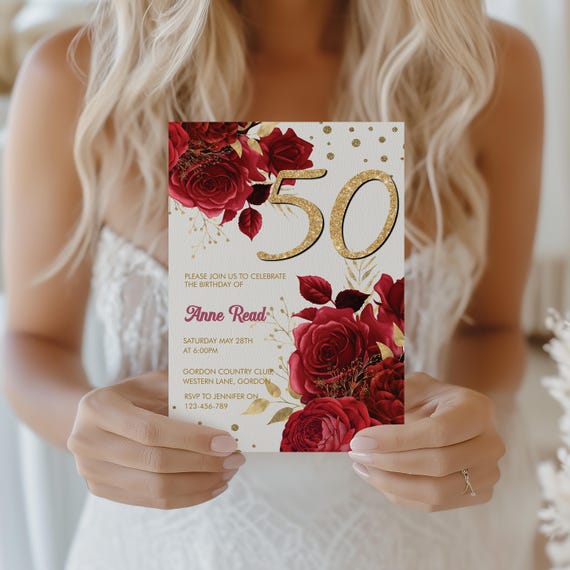 50th Birthday Invitation – Red Floral Gold Glitter Template (Digital Download)