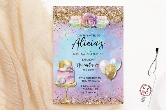 Any Age Birthday Pastel Rainbow Gold Glitter Cake Balloons Invitation Printable Template, Cotton Candy Editable Floral Women, Pretty Roses