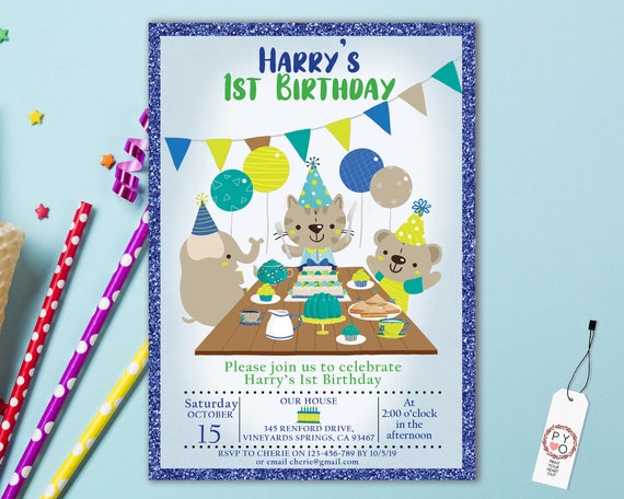 1st Birthday Animal Party Invitation Printable Template, One Editable Invitation, Boy Cupcakes Balloons First Birthday, Blue Green Cartoon