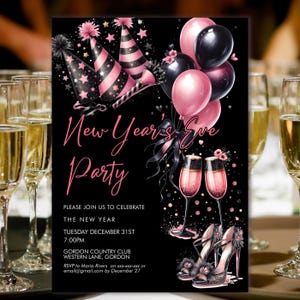 Pink Champagne New Year's Eve Party Invitation, Sparkle, Balloons (Digital Download) image 3