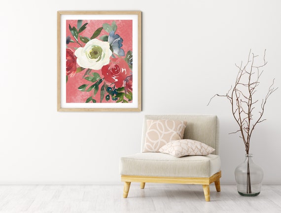 Pink Floral Greenery Art Digital Print | Printable Plant Art | Still Life Art Print | Red Rose Plant Wall Art | Big Flower Leaf Print