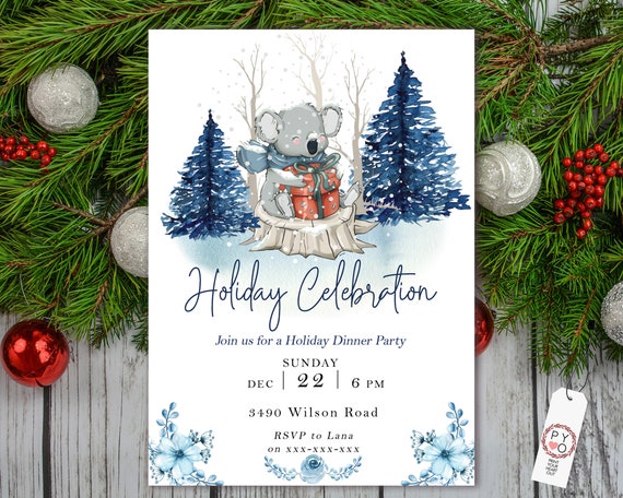 Koala Holiday Celebration Tree Party Invitation, Snow Invitation, Blue Winter Invite, Friends Family Party at Home, Christmas Tree Scene