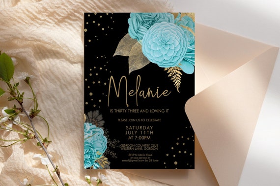 Aqua Gold Glitter Floral Birthday Invitation Printable Template, Blue Flower Editable Party Dinner Women, Bright Any Age Black Invite