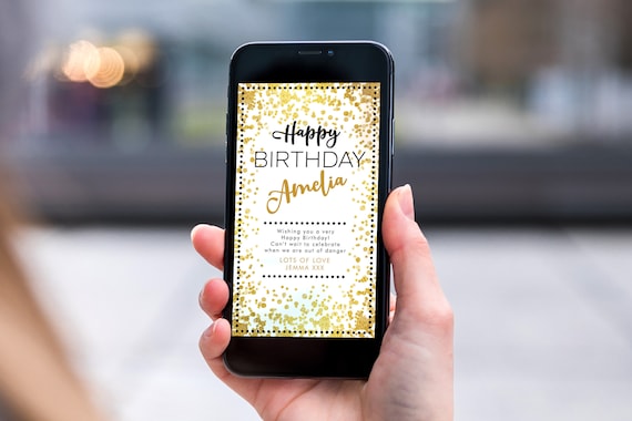 Gold Glitter Electronic Birthday, Smartphone SMS Digital Editable template, EcoFriendly, Electronic Black Gold eCard Birthday Greeting