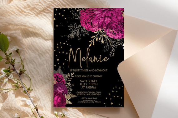 Hot Pink Gold Glitter Floral Birthday Invitation Printable Template, Magenta Flower Editable Party Dinner Women, Bright Any Age Black Invite