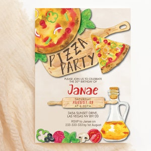Pizza Birthday Party Invitation, Pizza Dinner, Kids Party Invite, Any Age, Watercolor, Teen Birthday, Editable Corjl Template, Wooden Board