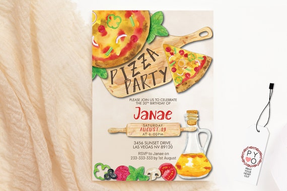 Pizza Birthday Party Invitation, Pizza Dinner, Kids Party Invite, Any Age, Watercolor, Teen Birthday, Editable Corjl Template, Wooden Board