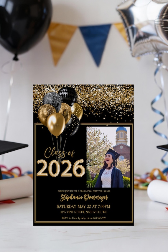 Class of 2026 Graduation Invitation, Black Gold Grad Party Template, Photo Celebration Invite, Editable Senior Announcement