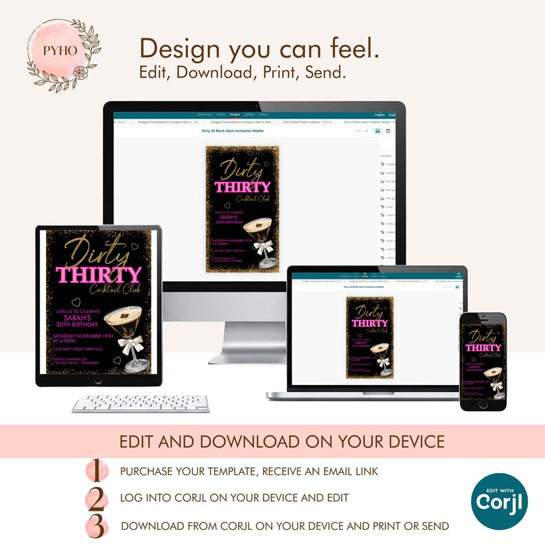 Peut inclure: Un mod&egrave;le d'invitation d'anniversaire num&eacute;rique affich&eacute; sur un ordinateur de bureau, une tablette, un ordinateur portable et un smartphone. L'invitation pr&eacute;sente un fond noir avec des paillettes dor&eacute;es, du texte rose Dirty THIRTY et un verre &agrave; martini.