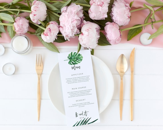 Simple Greenery Wedding Menu, Editable Menu, Menu Cards, Printable Menu, Green Wedding Menu, Party Menu, Tropical Menu Download