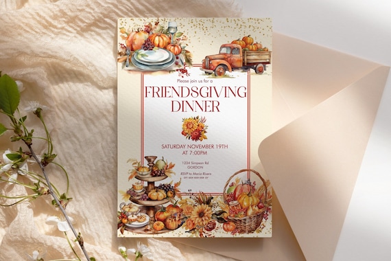 Friendsgiving Thanksgiving Invitation, Autumn Gold Glitter, Printable Dinner Party, Editable Template Women, Rust Foliage, Truck, Turkey