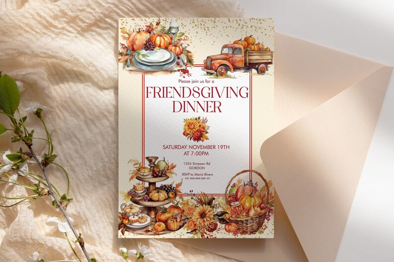 Puede incluir: Una invitaci&oacute;n a una cena de Friendsgiving con una ilustraci&oacute;n de acuarela de calabazas, follaje de oto&ntilde;o y un cami&oacute;n rojo vintage. La invitaci&oacute;n incluye el texto "Please join us for a Friendsgiving Dinner", "Saturday November 19th at 7:00PM", "1234 Simpan Rd Gordon" y "RSVP to Maria Rivers".