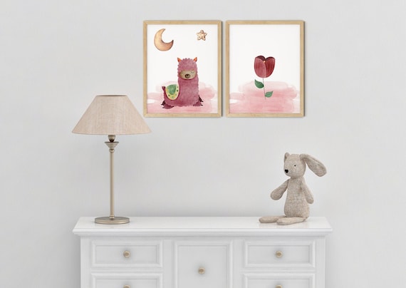 Baby Boho Pink Llama Girls Nursery Art Print Set | Printable Nursery Art | Roses Kid Room | Baby Room Wall | Nursery Decor | Set 2 Prints