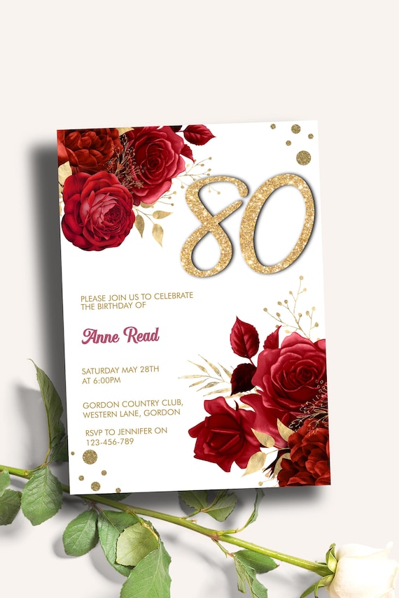 Red Floral Gold Glitter 80th Birthday Invitation, Glam Rose Party Invite (Digital Download)