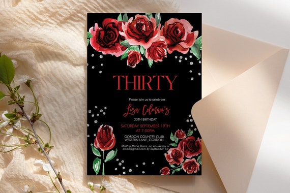 Red Roses Diamonds Flowers Black Invitation Printable Template, Watercolor Editable Birthday Glam Party for Women, Bright Red Floral Invite