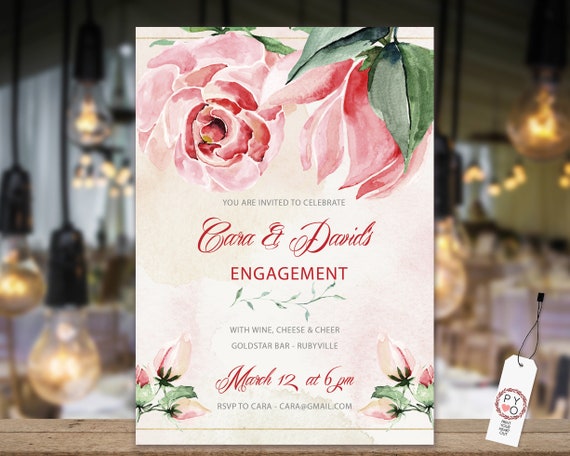 Pink Rose Magnolia Engagement Invitation, Printable Invitation, Floral Invite, Couples Shower, Wedding Invite, Romantic Floral Engagement