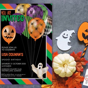 May include: Halloween-themed invitation with a black background and colorful balloons. The balloons feature spiderwebs, skulls, and jack-o'-lantern faces. The invitation includes the text "YOU ARE INVITED" and details for a spooky birthday party.