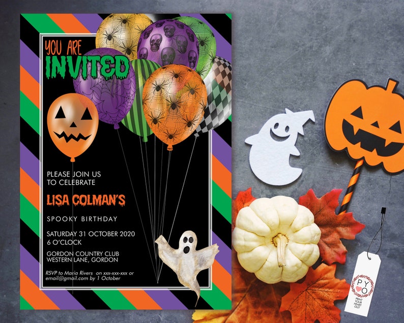 May include: Halloween-themed invitation with a black background and colorful balloons. The balloons feature spiderwebs, skulls, and jack-o'-lantern faces. The invitation includes the text "YOU ARE INVITED" and details for a spooky birthday party.