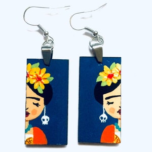 Blue Frida Earrings Frida Aretes Frida Artwear Mexican Jewelry Girl Earrings Wooden Dangle Drop Earrings Frida Fans Gift Idea Frida Jewelry