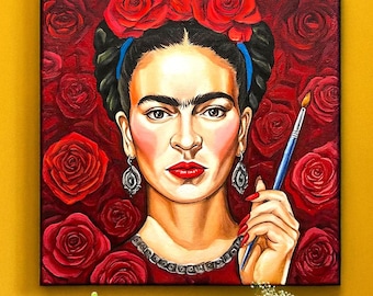 Bohemian Frida Inspired Portrait with Red Roses Matte Canvas