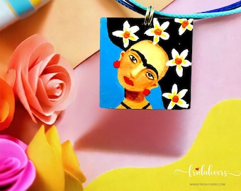 Blue Frida Pendant Hand Painted Wooden Floral Frida Necklace Wearable Art Women Pendant Art to Wear MexicanJewelry Fridalovers Gift Birthday