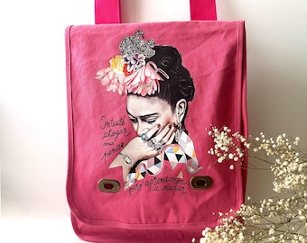 Enchanting Frida Inspired Pink Soft Canvas Crossbody Shoulder Strap Bag Mexican Artist Portrait Woman Girl Casual Fashion Birthday Gift Idea