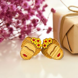 Bamboo Frida Earrings Hand Painted Wooden Stud Frida Earrings Girl Earrrings Wearable Art Mexican Jewelry Aretes Fridalovers Birthday Gift