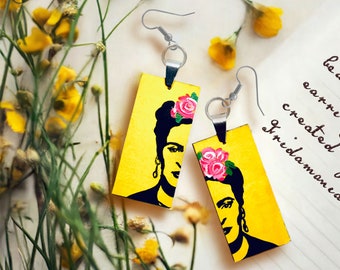 Frida Earrings Jewelry Frida Inspired Earrings Stencil ArtWear Wearable Art Mexican Jewelry Women Dangle Drop Earrings Hand Painted Yellow