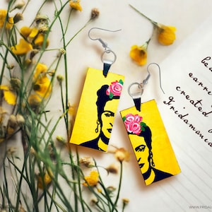 Frida Earrings Jewelry Frida Inspired Earrings Stencil ArtWear Wearable Art Mexican Jewelry Women Dangle Drop Earrings Hand Painted Yellow