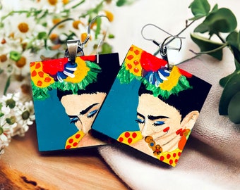 Frida Earrings Frida Inspired Artwear Hand Painted Wooden Earrings Mexican Jewelry Frida Wearable Art Women Blue Earrings Frida Aretes Mujer