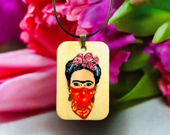 Feminist Frida Pendant Necklace Hand Painted Wooden Frida Necklace Wearable Art Women Frida Jewelry Artwear Mexican Jewelry Frida Art Gift