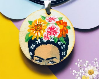 Floral Frida Pendant Necklace Hand Painted Wooden Floral Pendant Mexican Jewelry Girl Pendant Frida Artwear Wearable Art Frida Inspired Art