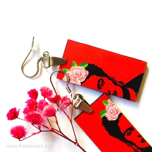 Red Frida Earrings Hand Painted Wooden Frida Earrings Stencil Art Women Dangle Earrings Mexican Jewelry Birthday Fridalovers Gift Fridamania