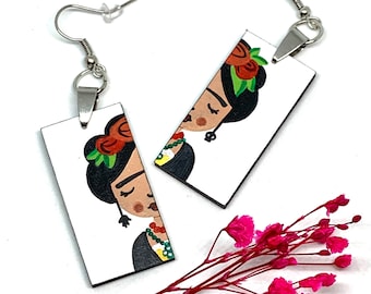 White Hand Painted Frida Earrings Wood Dangle Drop Earrings Frida Jewelry Girl Earrings Mexican Jewelry Frida Inspired ArtWear Frida Aretes