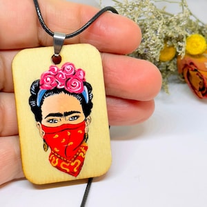 Rebel Frida Inspired Handpainted Wooden Pendant Necklace Fridalovers Art To Wear Fashion Feminist Mexican Artist Portrait Bohemian Accessory