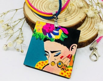 Turquoise Frida Pendant Hand Painted Wooden Frida Necklace Women Necklace Wearable Art Mexican Jewelry Fridalovers Gift Idea Frida Artwear