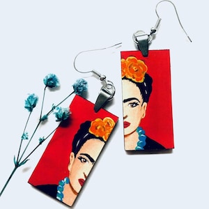 Red Hand Painted Frida Earrings Women Frida Inspired Dangle Drop Earrings Mexican Jewelry Artwear Wearable Art Mujer Aretes Fridalovers Gift