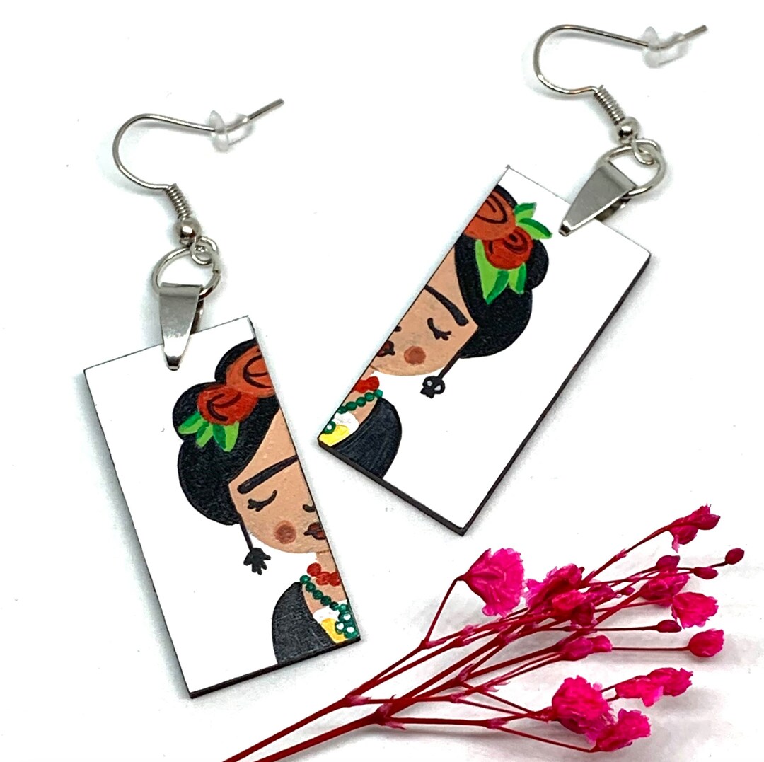 White Hand Painted Frida Earrings Wood Dangle Drop Earrings Frida