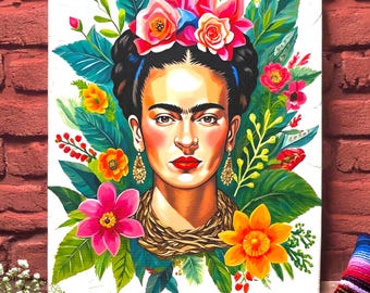 Frida Inspired Portrait Matte Canvas | Botanical Floral Acrylic Painting
