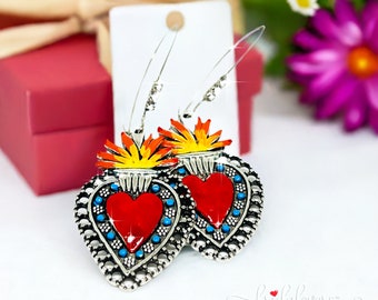 Splendorous Flamed Sacred Heart Earrings with Rhinestones Mexican Earrings Mexico Jewelry Iconic Folk Art Frida inspired Boho Fashion Women