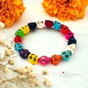 Multicolored Skull Beaded Wristband Bracelet Colorful Adjustable Stretch Accessory Women Girls Unisex Halloween Fashion Pulsera de Calaveras