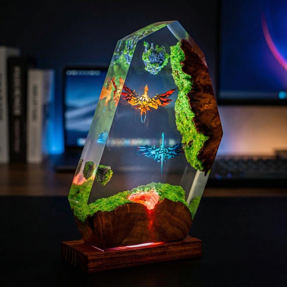 Ava.tar Fantasy Dragon Rider Resin Lamp, Handmade Epoxy Wood Night Light, Sci Fi Gaming Room Decor, Unique Christmas Gif