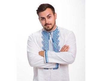 White Linen Ukrainian Embroidered Shirt | Blue Geometric Design