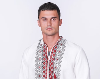 Vyshyvanka „Bohdan” dla mężczyzn – Ukraińska koszula z białego lnu, ręcznie haftowana