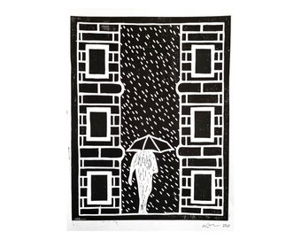 Handmade linocut print • Hand-Carved • Hand-Printed • Original illustration • Rain illustration • Rain linocut • Modern Art