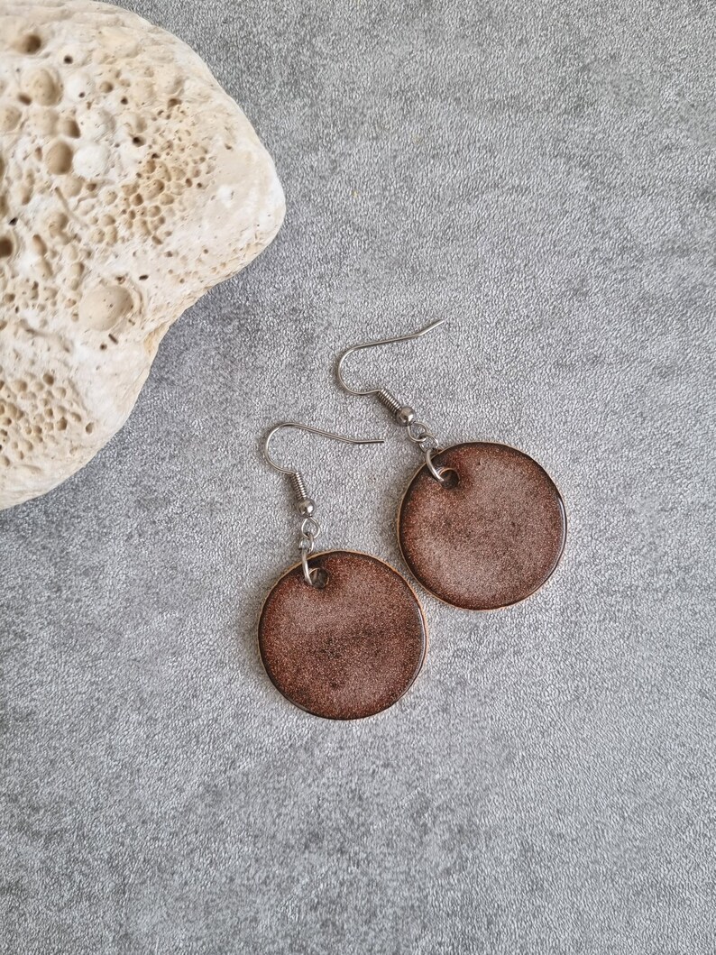 Handmade Ceramic Earrings Ceramic jewelry Metallic copper effect earrings Surgical steel hypoallergenic Round shaped earrings image 1