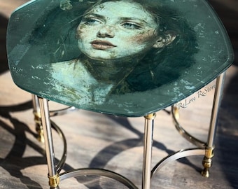 SOLD OUT***Mirror Image Glass Top End Table, Reflection of Youth Art